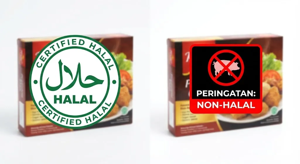 인도네시아 식품 할랄 인증 마크와 비할랄 경고 표시 비교