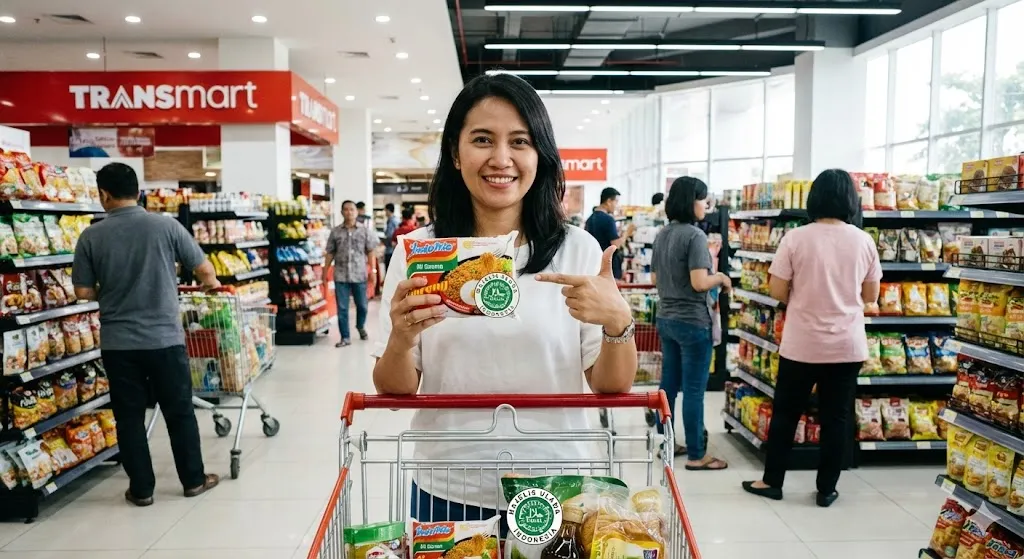 인도네시아 소비자가 식품 구매 전 할랄 마크를 확인하는 모습